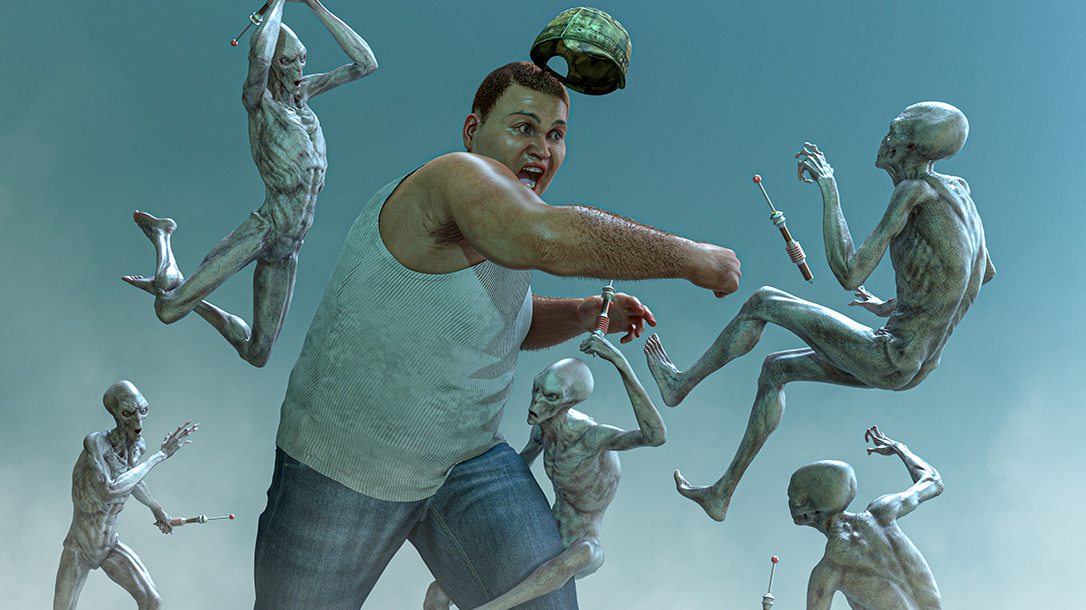 Man fighting off an alien abduction!