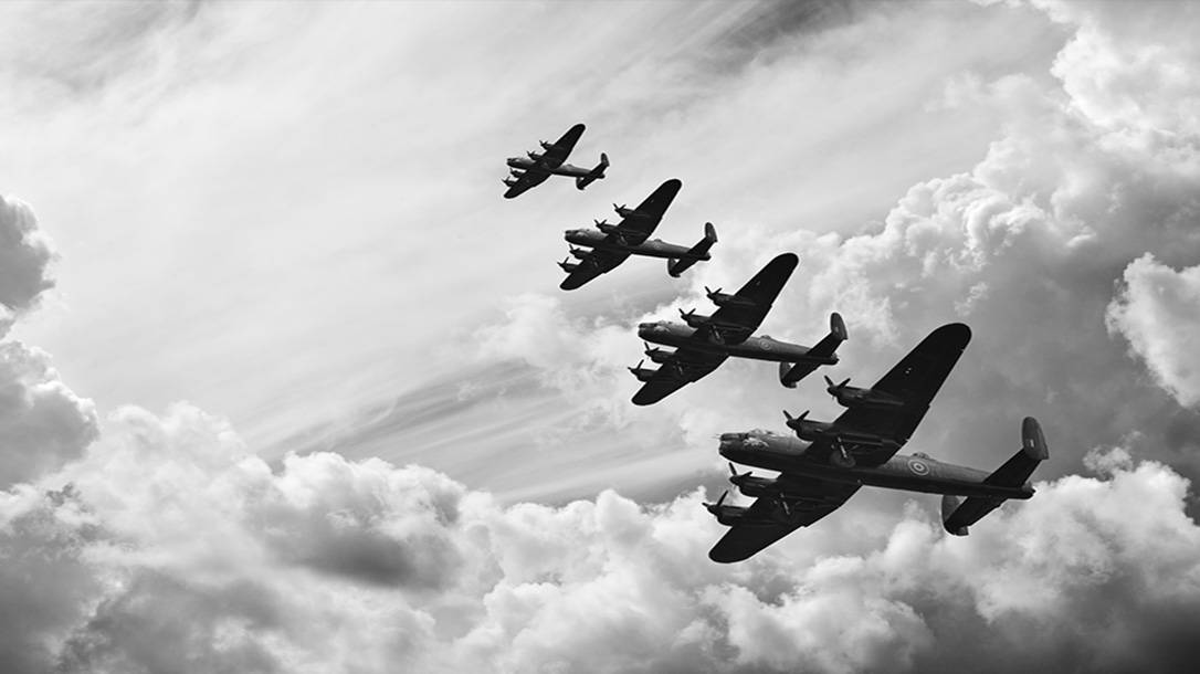 Us planes fly overhead conducting coming raids during world war 2.