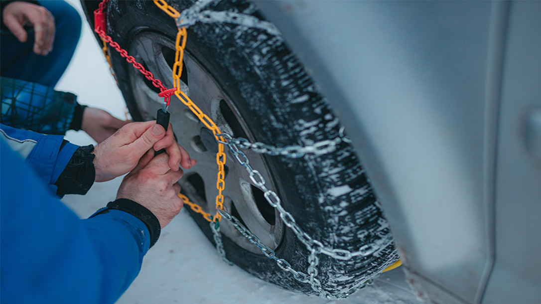 Tire chains are a great piece of gear to have in your car to keep from getting stuck.